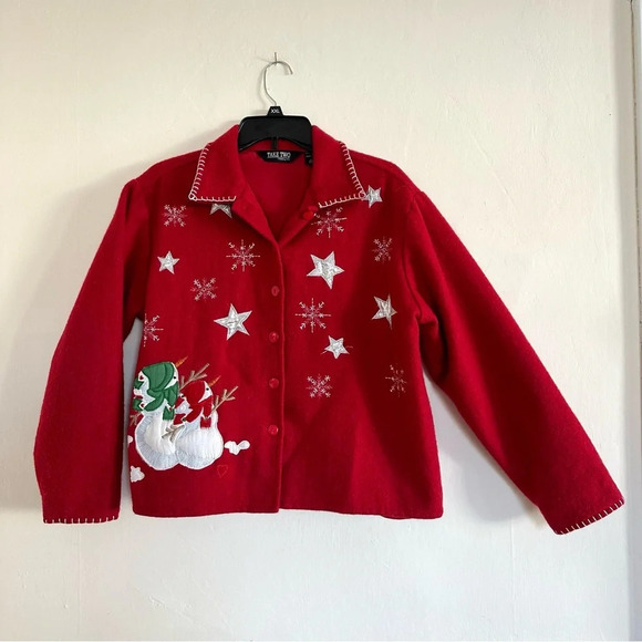 Vintage Jackets & Blazers - Vintage Take Two Christmas Wool Blend Sweater Coat Sz M Red Embroidered Snowman
